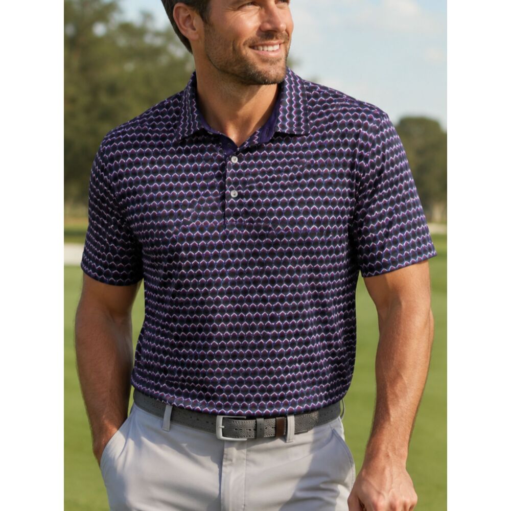 Hickey Freeman Golf Polo Shirt Large Purple Geometric Performance Stretch